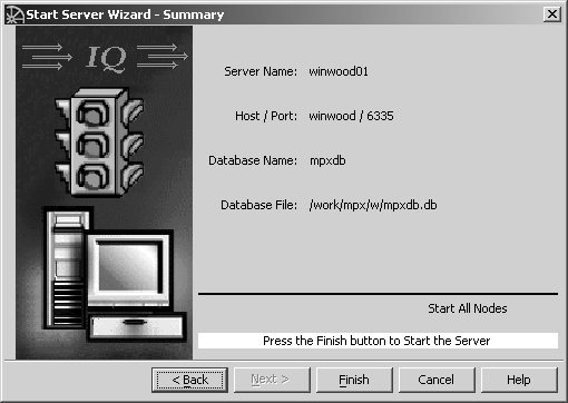 Shown is the ready to start server window that lists the selection you made in previous screens. For example server name, host/port, database name and database file. The bottom of the screen instructs you to click the finish command button to start the server