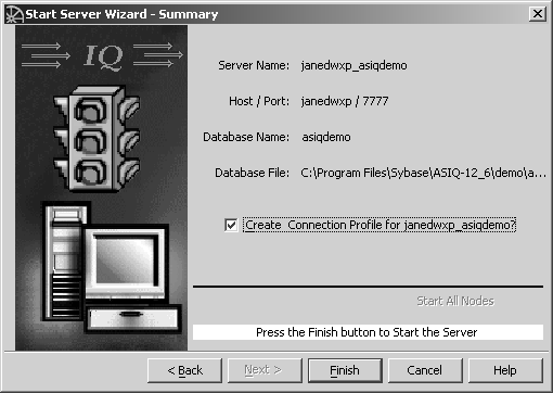 Shown is the ready to start server window that lists the selection you made in previous screens. for example server name, host/port, database name and database file. The bottom of the screen instructs you to click the finish command button to start the server