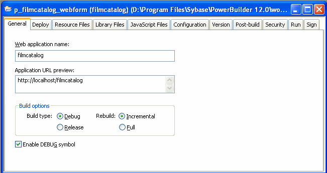 The General tab page of the Project painter includes fields for the Web Application Name, the Initial Current Directory in the Virtual File System, Command Line Parameters, and check boxes for rendering the File Manager and Mail Profile Manager and enabling the Debug symbol. You can also select whether to deploy the application as a debug build or a release build.