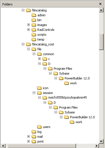 Display of subdirectories for the "filmcatalog" Web Forms application in the virtual file system of the IIS server.