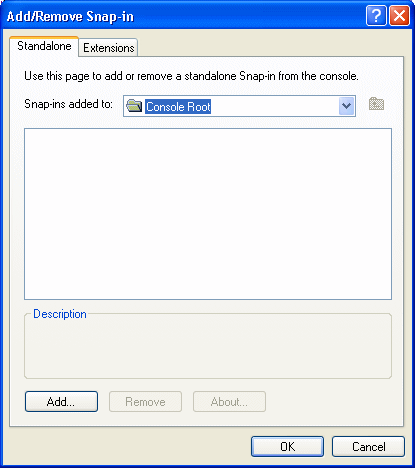 Picture shows the Add and Remove Snap In dialog box. The stand alone tab is displayed. 