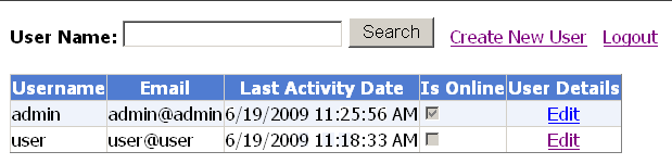 The dialog box to manage users displays the application users in the permanent user database. It allows you to search for user names and create user names. It also allows you to edit user information.