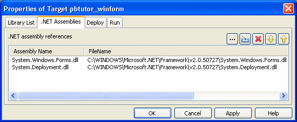 This dot NET tab of the target properties dialog box displays two assembly references for the target.