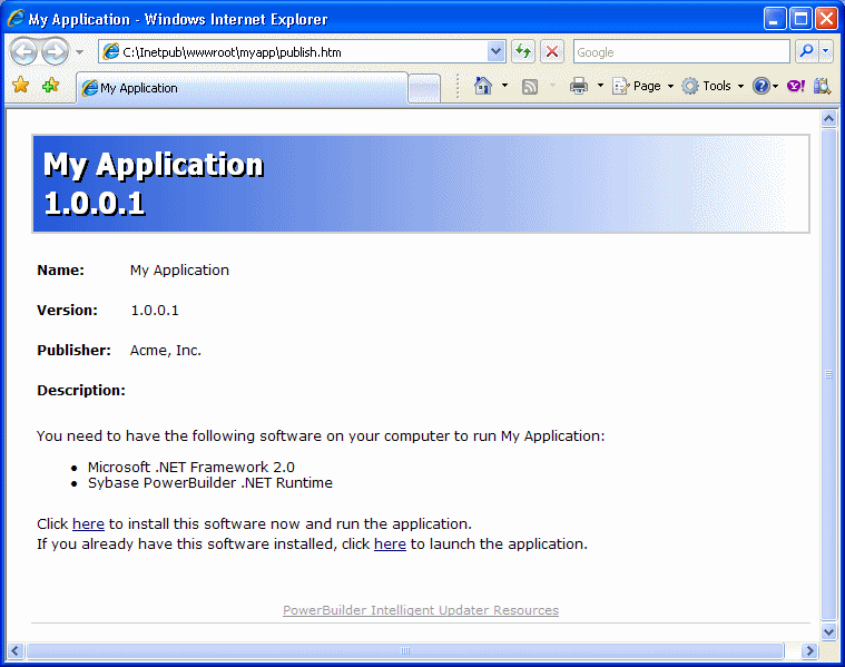 The publish page displays the name, version, and publisher of the application, and, if you specified them, prerequisites.