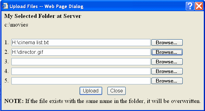 The Upload Files dialog box shows two files that will be uploaded to the selected virtual file system directory when you click the Upload button.