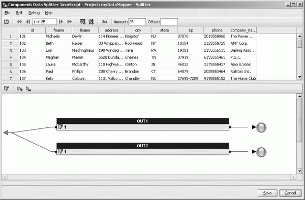 The Data Splitter component window displays inbound data attributes and OUT-Port conditions.