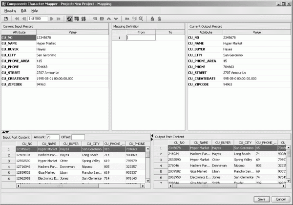 The Character Mapper component window lets you define mapping rules for data that passes between the IN-Port and OUT-Port.