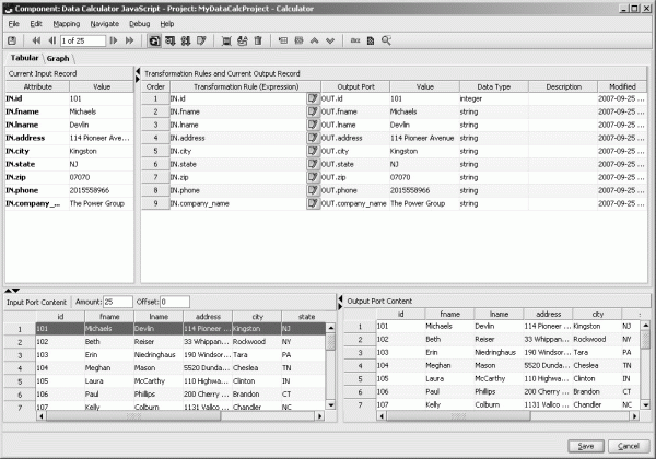 The Data Calculator Tabular view provides a structural view of the current record structure, port attributes, and transformation rules