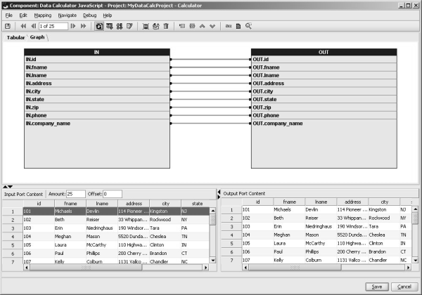 The Data Calculator Graphic View shows the current mapping between the IN-Port and OUT-Port attributes.