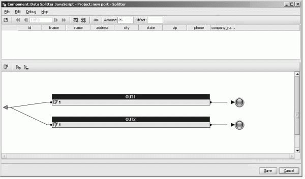 The Data Splitter component windowt displays inbound data attributes and OUT-Port conditions. 