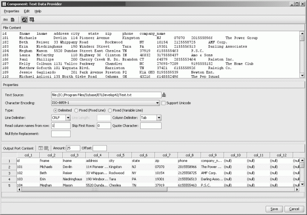 The Text Data Provider component window lets you define the structural properties of data at the OUT-Port.