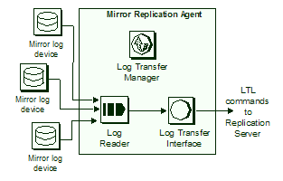 The flow of transaction data. Data flows from mirror log devices to the Mirror Replication Agent, which consists of a Log Transfer Manager, a Log Reader, and a Log Transfer Interface. The Log Reader passes the transaction data to the Log Transfer Interface, which outputs LTL commands to Replication Server.