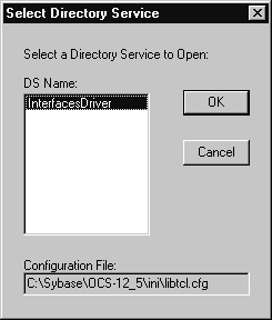 508_alt_textSelect Directory Service screen has a DS Name box that with the value InterfacesDriver listed. The screen displays the configuration file location and buttons for OK and Cancel