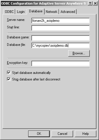 508_alt_textODBC Configuration screen, Database tab with fionaw2k_asiqdemo typed in the Server name box (Alt+S). Start line (Alt+r) and Database name (Alt+n) are blank. Database file box (Alt+f) has C:—ycopies\asiqdemo.db. Encryption key (Alt+E) box is blank. Start database automatically (Alt+t) and Stop database after last disconnect (Alt+p) options are selected