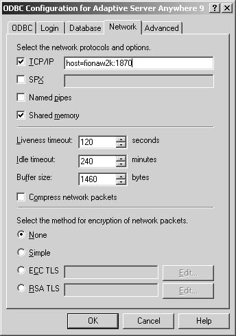 ODBC Configuration screen, Network tab with TCP/IP option checked (Alt+T) and host-fionaw2k:1870 typed in its box. SPX (Alt+X) and Named pipes (Alt+p) options are unchecked. Shared memory (Alt+m) option is checked. Screen also lists timeout settings, a Compress network packets option, and encryption options for network packets