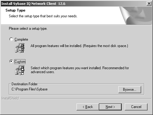 Setup Type screen from Sybase IQ 12.6 uninstall procedure. This screen lists Complete and Custom option buttons. The destination folder is shown beside a Browse button