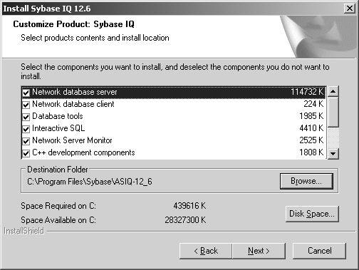 Customize Product screen from Sybase IQ 12.6 install procedure. This screen lists each Sybase IQ component to be installed, its size in KB, and a checkbox. The destination folder is shown beside a Browse button. Required and available disk space is shown beside a Disk Space button.