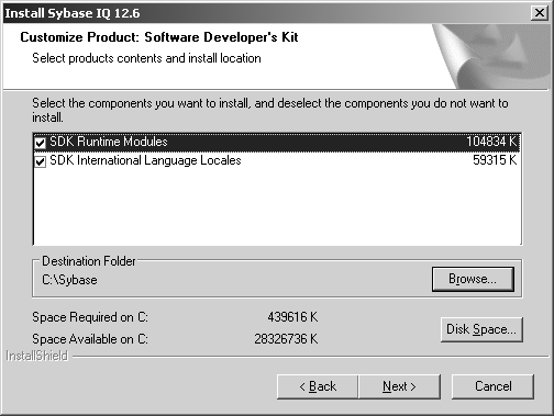 Customize Product screen from Sybase IQ 12.6 install procedure. This screen lists each Software Developer’s Kit component to be installed, its size in KB, and a checkbox. The destination folder is shown beside a Browse button. Required and available disk space is shown beside a Disk Space button.