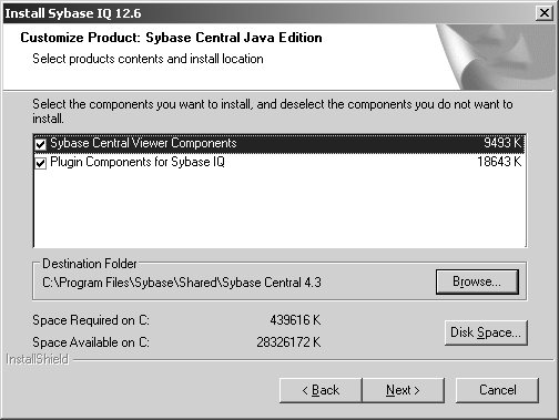 Customize Product screen from Sybase IQ 12.6 install procedure. This screen lists each Sybase Central component to be installed, its size in KB, and a checkbox. The destination folder is shown beside a Browse button. Required and available disk space is shown beside a Disk Space button