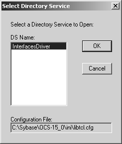 508_alt_textSelect Directory Service screen has a DS Name box that with the value InterfacesDriver listed. The screen displays the configuration file location and buttons for OK and Cancel