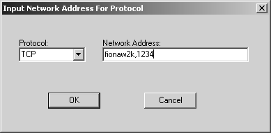 508_alt_textInput Network Address For Protocol screen lists Protocol dropdown, which contains TCP, and Network Address text box, which contains fionaw2k, 1234