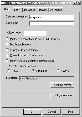 On the ODBC tab, asiqdemo is typed in the Data source name box (Alt+s). Cursor Behavior option If required (Alt+f) is checked. Buttons are Select Translator (Alt+e) and Test Connection (Alt+C) 