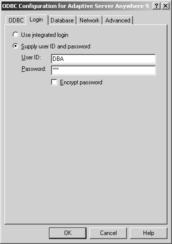 ODBC Configuration screen, Login tab with DBA typed in User ID box (Alt+u) and *** (hidden password) in password box.. Encrypt password  (Alt+e) is unchecked.  