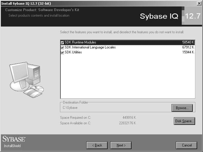 Customize Product screen from Sybase IQ 12.6 install procedure. This screen lists each Software Developer’s Kit component to be installed, its size in KB, and a checkbox. The destination folder is shown beside a Browse button. Required and available disk space is shown beside a Disk Space button.