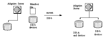 Graphic showing a server connected to one device. After you run a mount command, the server is connected to two devices, and there is an entry in the manifest file describing the event.