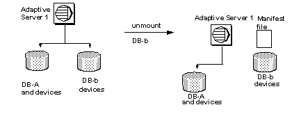 Graphic showing a server connected to two devices. After the unmount occurs, the server is connected to only one device, and there is an entry in the manifest file describing the event.