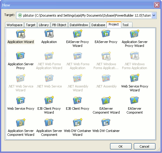 Shown is the Project page of the New dialog box.