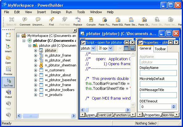 Shown is a work space with the Power Bar docked at the left side of the frame, with its icons arranged vertically.