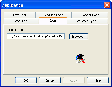 Shown is the Icon page of the Application property sheet.