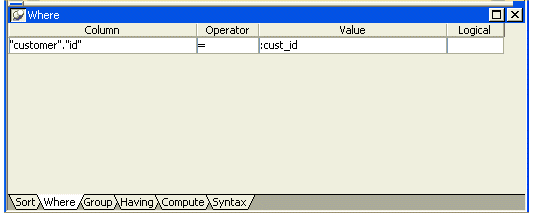 Shown is the Where view featuring the formula customer I D equals cust I D