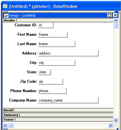 Shown is the Detail band of the Design view of the Data Window painter.