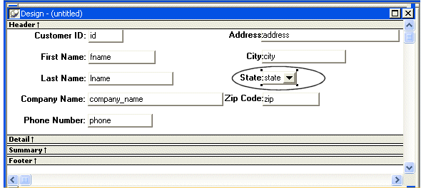 Shown is the Detail band of the Design view of the Data Window painter.