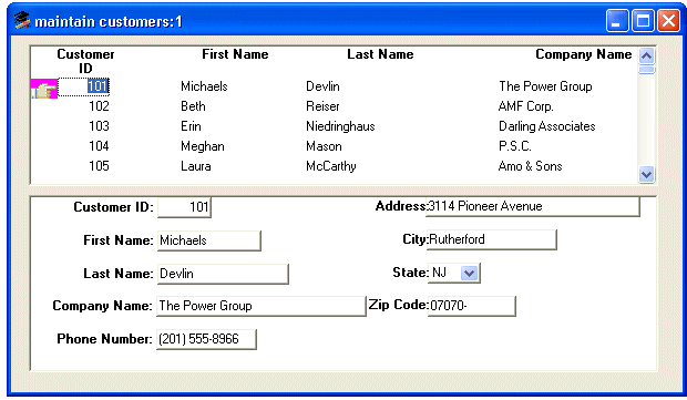 Shown is the Customer window titled Maintain Customers 1. Across the top half of the screen are the column headings Customer I D, First Name, Last Name, and Company Name. They have rows of actual data and a hand icon at the left points to the top row. The bottom half of the screen shows data in labeled text boxes on the left side for Customer I D, First Name, Last Name, Company Name, and Phone Number. On the right side are labeled text boxes with data for Address and City, a drop down for State set to NJ, and then a text box with data for Zip Code.