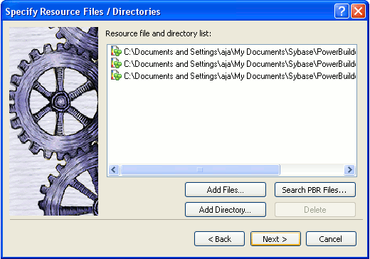 Shown is the Specify Resource Files and Directories page of the wizard.