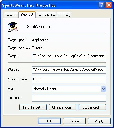 Shown is the Shortcut tab page in the Properties screen.