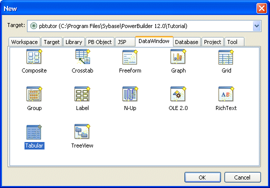 The Data Window tab page of the New dialog box.