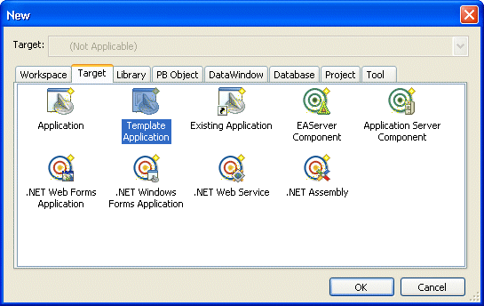 Shown is the Target page of the New dialog box.