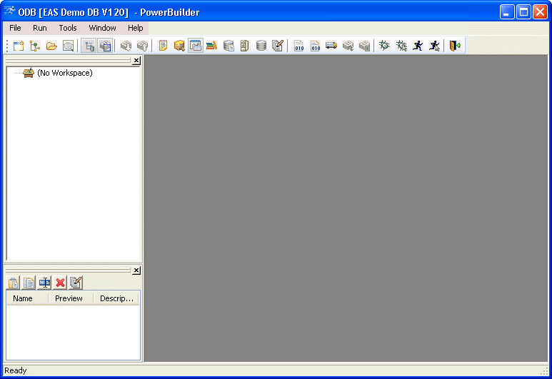 The illustration shows the PowerBuilder development environment with no open workspace.