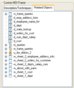 On this custom MDI frame window, the related objects tab is selected, and all the objects used in the example are displayed on the screen. A description / techniques tab is also available but not selected.