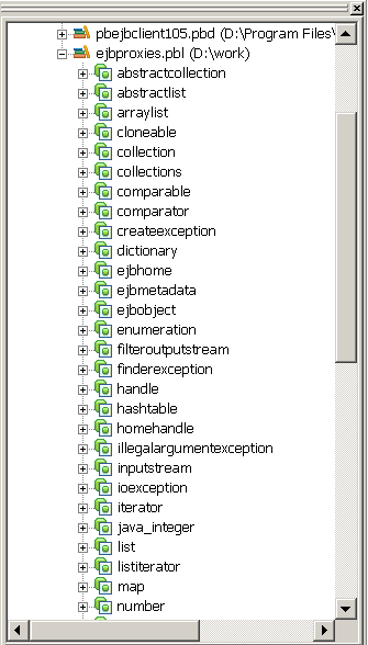 The example shows the System Tree with the expanded node e j b proxies dot p b l ( D : backslash work). Under it are displayed the signatures of all the methods in that node.