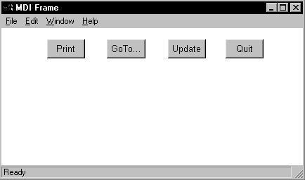 The frame shown has a series of buttons running across the frame just below the menu bar. The buttons are Print, Go To ..., Update, and Quit/ MicroHelp at the bottom left says Ready.