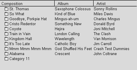 A sample list displays three columns. From left to right, the columns list compositions, each with text and a small icon,  and then text only with the name of the album and the artists for each.