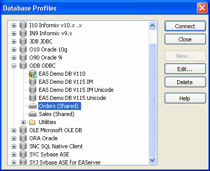 The sample shows the Database Profiles dialog box with Installed Database Interfaces displayed in tree format. The entry for O D B O D B C is expanded. It lists a  profile for E A S Demo D B V 4, for Employee ( Shared ), New Sales ( Shared ), and E A S Demo D B V 4 I M.