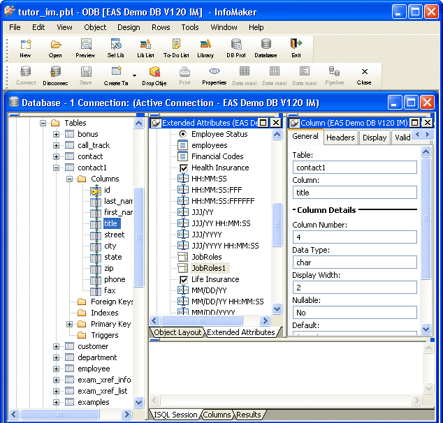 Shown at left is the expanded Objects view for contact 1. Under its columns folder is an entry for title and a pop up menu with a Properties option.