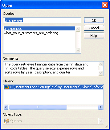 Shown is the Open dialog box with the entry q _ expenses highlighted in the Queries box.