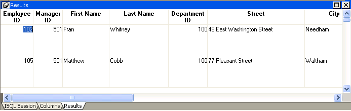 The sample shows shows a few rows and columns of data from the Employee table in the E A S Demo D B as viewed in the Database painter. The screen is titled Results and shows three rows of data in columns titled Employee I D, Manager I D, First Name, Last Name, and Department I D.
